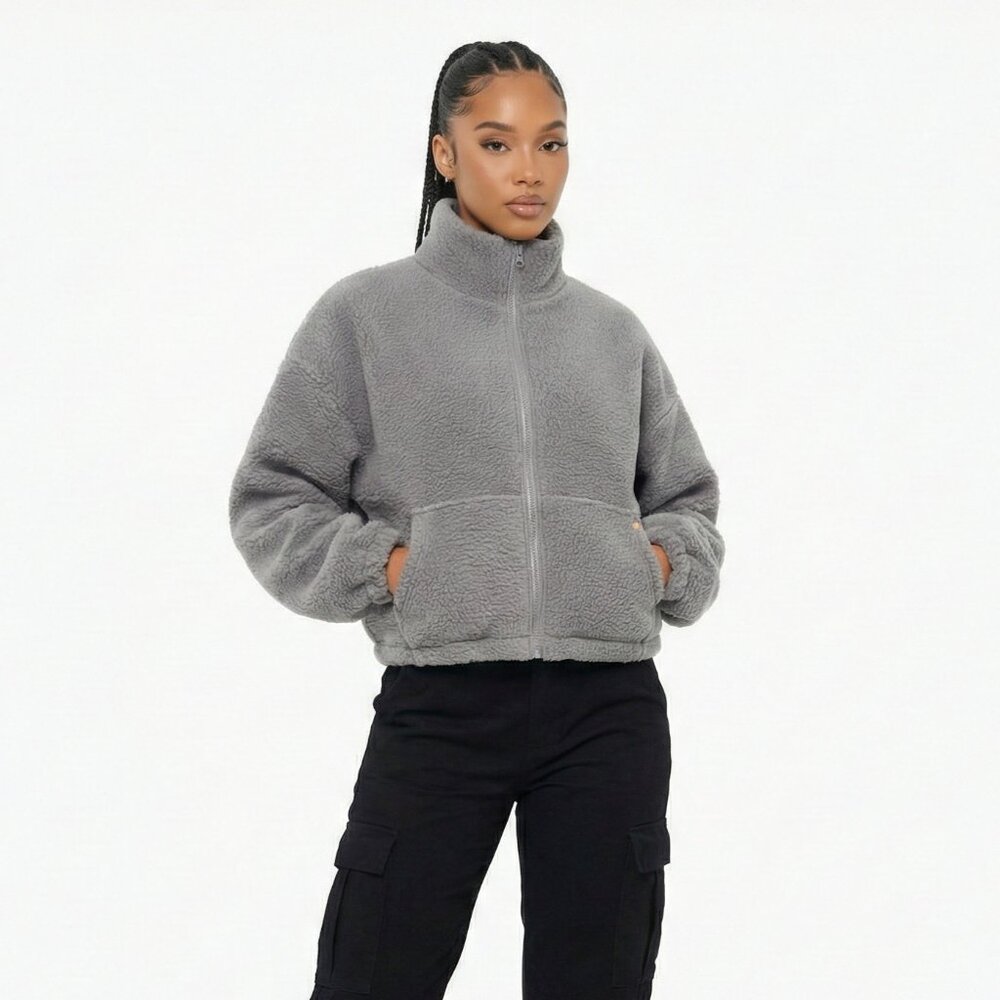 High Level HL Grey Sherpa Fleece Crop Zip up Jacket Warm Soft Fluffy Cozy